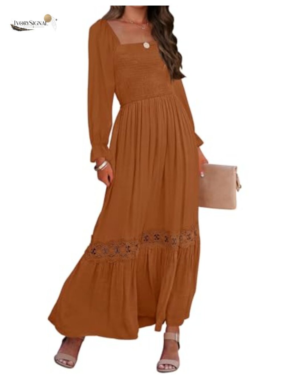 Boho Long Sleeve Square Neck Smocked Maxi Dress Lace Trim Flowy
